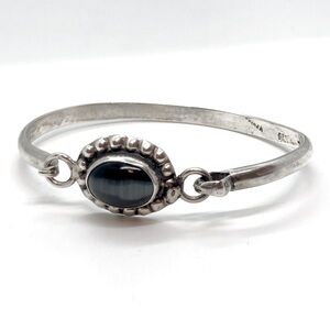 Vtg Taxco 925 Silver & Black Cat Eye Cabochon Stone Pinch Bracelet 7” C / 2” D